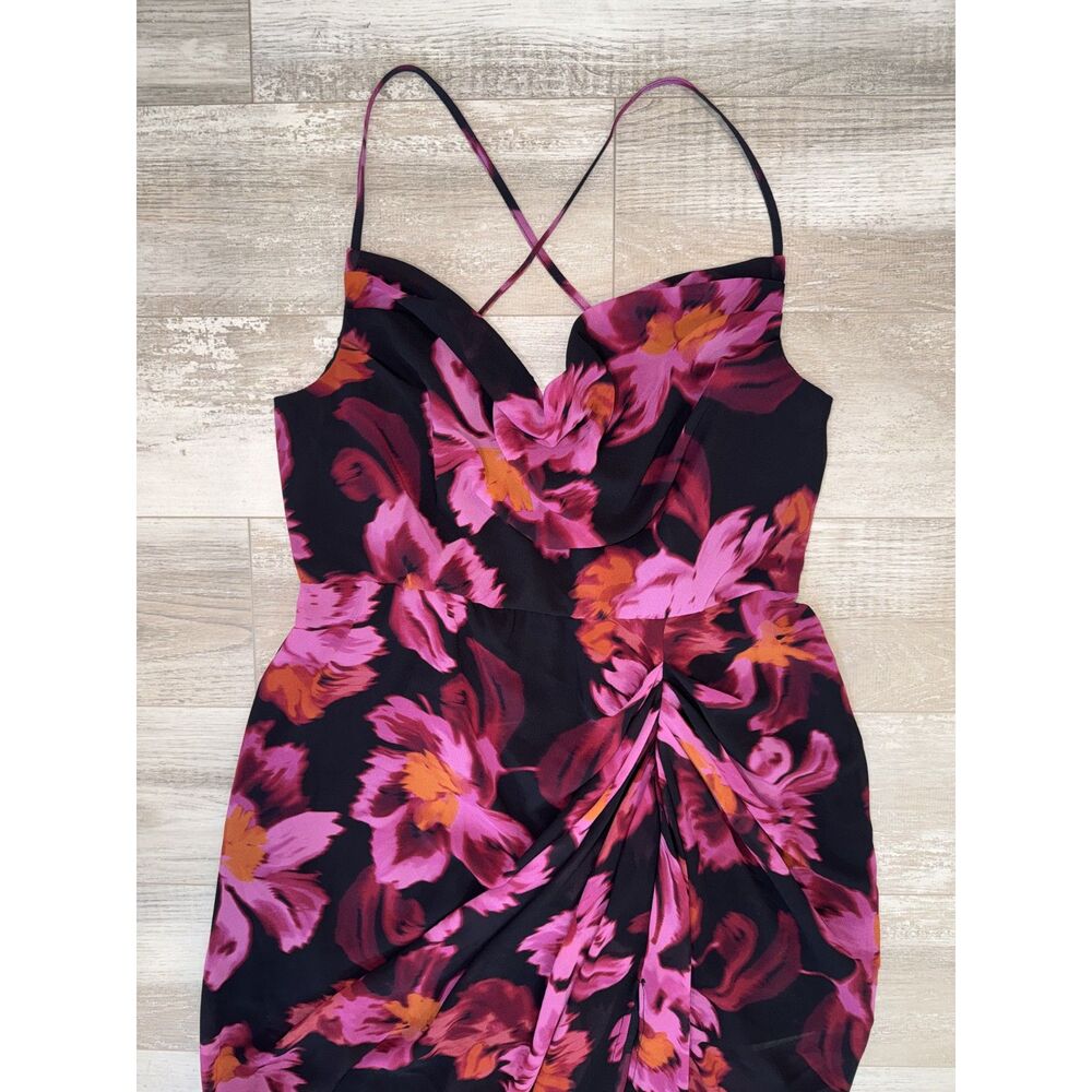 SHEIN BAE Curve NWT Black Pink Floral Ruched Midi Dress Cowl Neck Bodycon Party - Picture 3 of 11